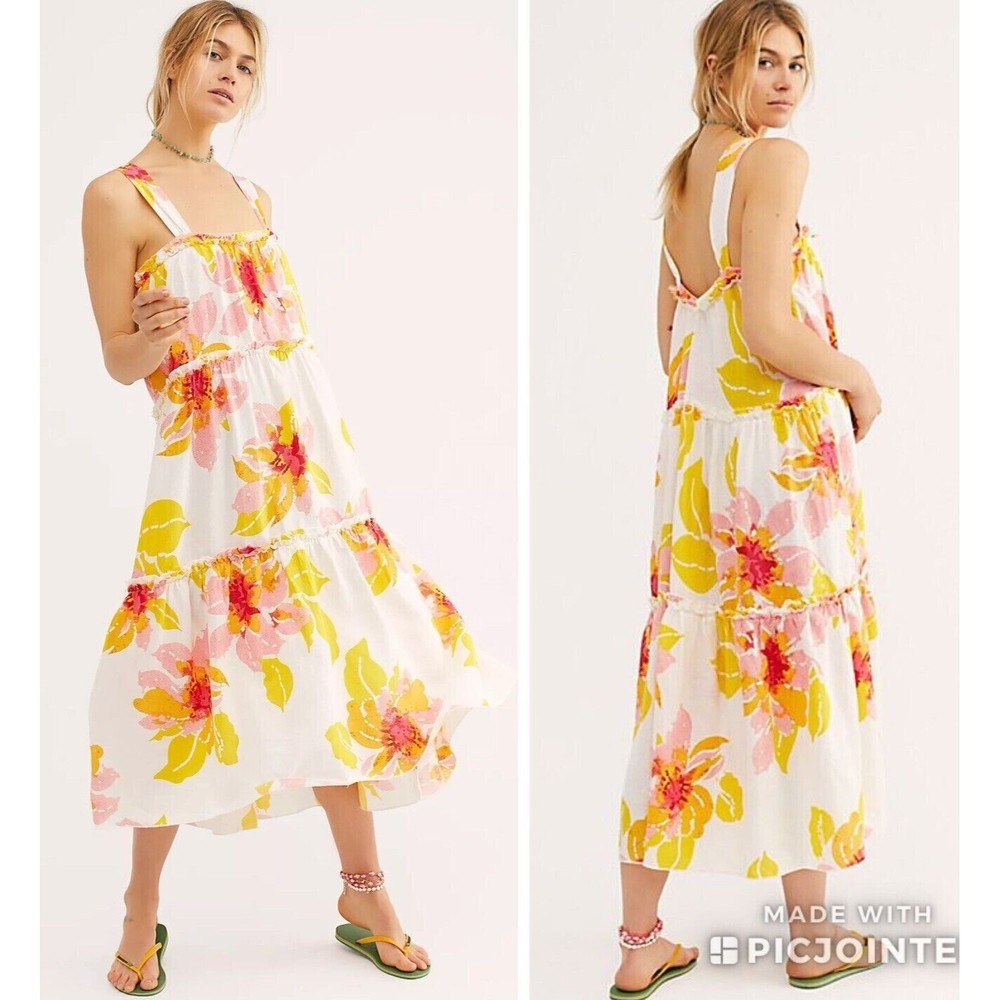 FREE PEOPLE MIDI DRESS SIZE L MOONSHINE FLORAL TIERED LINEN BLEND NEW